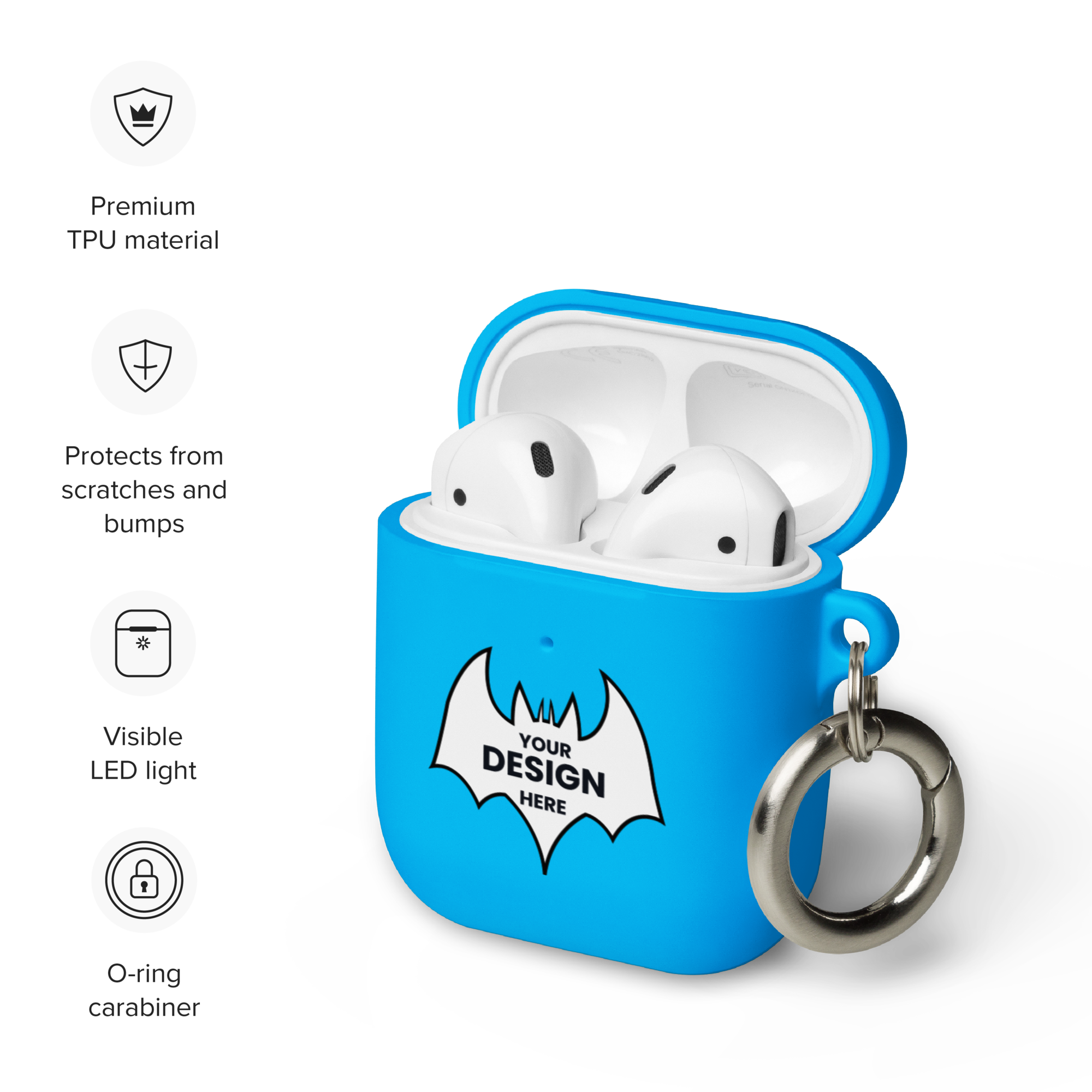 Rubber Case for AirPods, Protective TPU Cover — Stylish AirPods Case with Carabiner for Daily Use